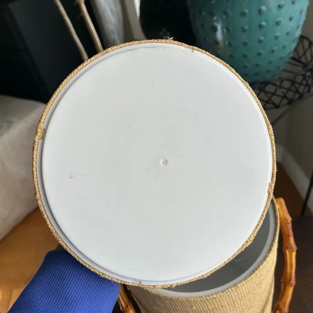 Vintage Mid-Century Modern Tall Grass Cloth Ice Bucket with Bamboo Handle